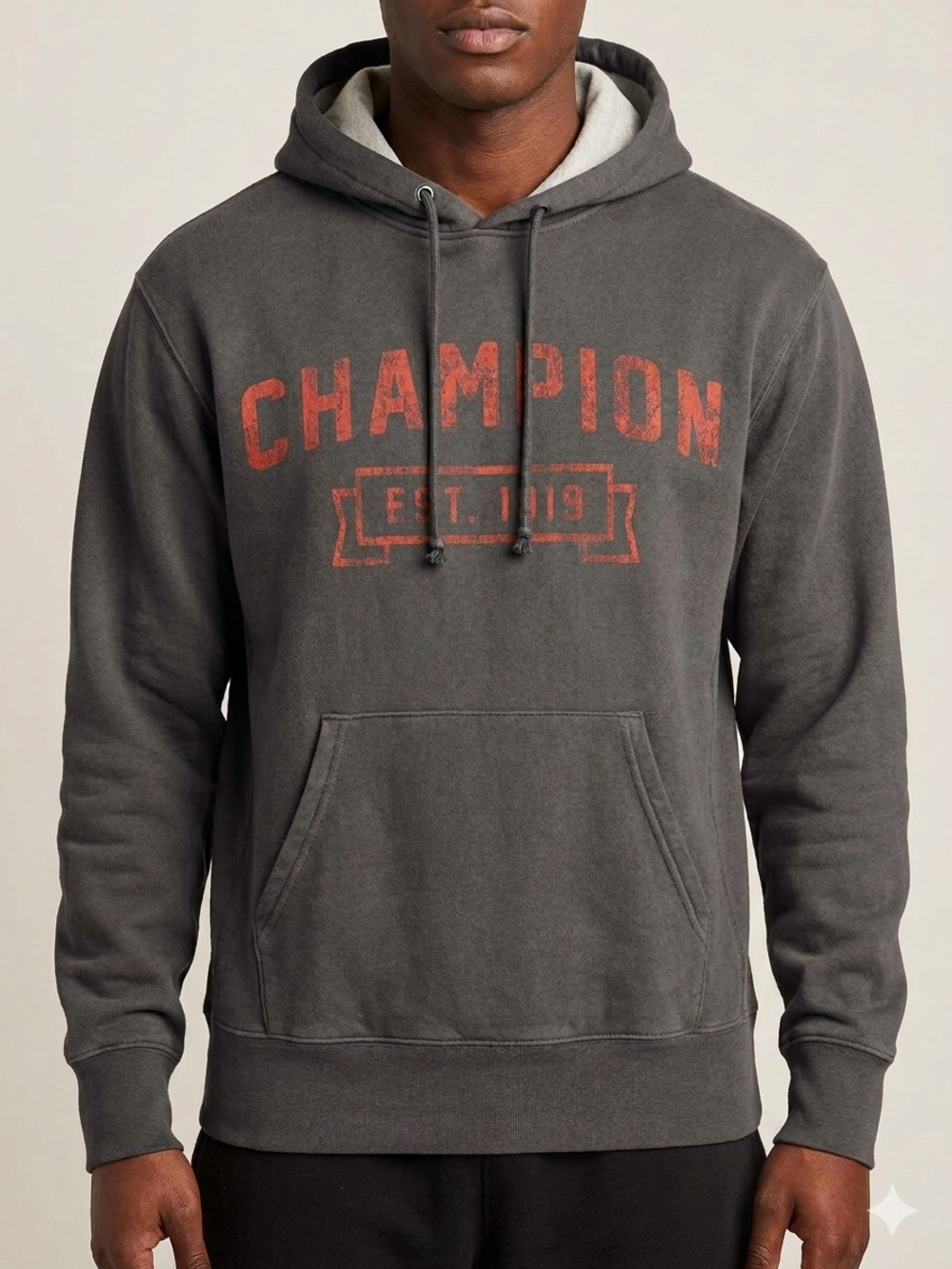Champion Distressed Spellout Graphic Hoodie Fleece Dark Gray Wash Comfort Core M